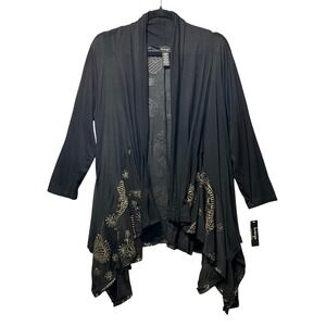 Lavanya Black Gold Paisley Print Mesh Overlay‎ Drape Cardigan M Open Front Boho